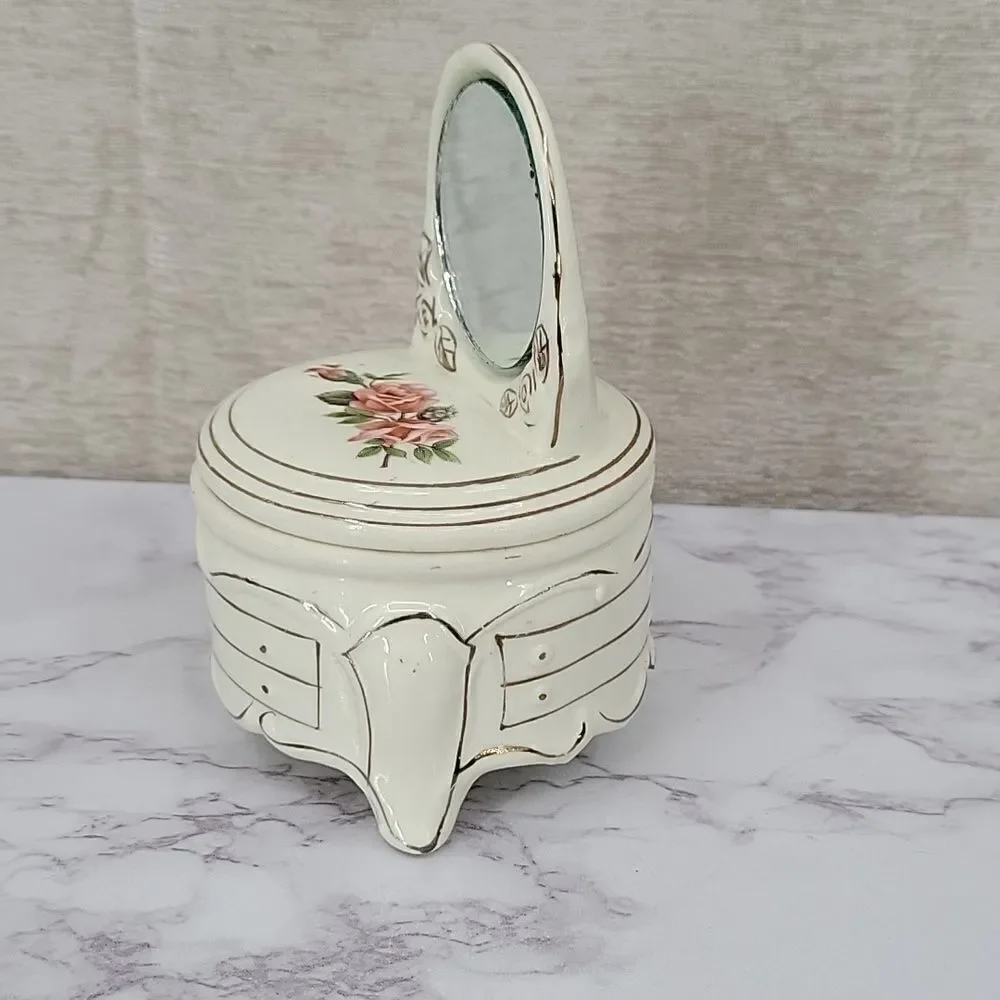 Jewelry Trinket Box Dresser Vanity with Mirror Vintage Floral Cream